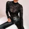 Womens Jumpsuits Rompers Black Mesh Transparent Sexy Bodysuit Long Sleeve Slim Skinny Stripe Mock Neck Casual Women Lady Party Club Body 230321