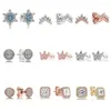 Stud Earrings 925 Sterling Silver Diy Blue Crystal Snowflake Rose Gold Crown For Women Wedding Party Jewelry