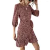 Casual Dresses Women's Medium Length Printed Dress Long Sleeve Ruffled Hem Irregular Derss With Invisible Back Zipper