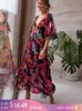 Casual jurken bohemia print vlinder mouw vintage maxi jurk voor vrouwen casual v-neck backless zomerjurk vrouwelijk strand vakantie feestjurk 230321