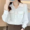 Blouses Femmes Automne Bouton Up Femmes 2023 Chemises à manches longues Bureau Dames Blanc Perles Rayé Élégant Mode Femme Tops S-2XL