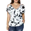 Shirt Summer Women's Plus Size Clothing V-neck Hollow Out Short Sleeve Tunic Tops Printed Tees Casual Loose T-shirt Ladies Tee 3XL 4XL