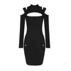 Casual Kleider Winter Stil Sexy Langarm Schlüsselloch Schwarz Mini Frauen Bodycon Verband Kleid 2023 Designer Abend Party Club vestido