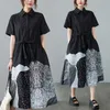 Casual Dresses Japanese Yamamoto Dark Style Street Fashion Girl's Black Blouse Dress Cotton Print Draw String Women Travel Casual Summer Dress 230321