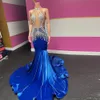 Abiti da ballo sexy trasparenti con sirena Abiti da spettacolo con strass Halter Abito blu royal Sweep Train Ragazze Abiti speciali Ocn 326 326