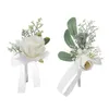 Fiori decorativi E8BD Matrimonio all'aperto Rosa artificiale Polso Corsage Bracciale Fiore all'occhiello con foglie verdi Spilla per bracciale da ballo