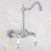 Mutfak muslukları cilalı krom pirinç duvara monte edilmiş banyo lavabo musluk döner spout mikser musluk çift seramik kolları kollar mnf566