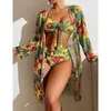 Conjunto de Bikinis con estampado Floral para mujer, traje de baño Sexy de tres piezas con realce para playa, traje de baño de manga larga con realce para verano 2023