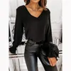 Women's Blouses Autumn Elegant V-neck Backless Lace Patchwork Shirt Top Women Solid Casual Loose Long Sleeve Pullover Blouse Chiffon Black