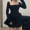 Casual Dresses Runway Square Collar Long-Sleeved Mini Dress Backless Split-Forked Puffy Short Sweet Sexy Upper Body Showing Party