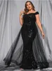 Plus size jurken 2023 vrouwen uit schouder pailletten kanten sexy mesh patchwork prom large dame elegant luxe avond feest kledingstuk