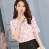 Blusas femininas de verão camisa de chiffon mulheres flare moda de meia manga Blusa Bowknot Blush Office Ladies Print Korean Leisure Top Roupos H9064