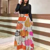 Lässige Kleider Maxi Kürbisdruckkleid Frauen Langarm Damen koreanischer Stil Vintage Abito Manica Lunga Herbst