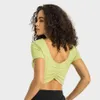 new lululemenly product launched pleated yoga top sports short sleeved fashionable and versatile slim fit shirt running fitness sportswear womens T-shirt