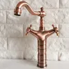 Keukenkranen Antiek rood koperen messing Dual Cross Handles zwenge tuit badkamersbassin wastafel kraan mixer tap mrg056