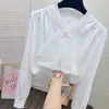 Womens blouse organza bow patched v-neck satin fabric shirt SML