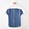 Men's Casual Shirts 1728 Men Summer Fashion Japan Simple Harakuju High Quality 100% Linen Fabric Gradient Patchwork Short Sleeve Casual Slim Shirts 230321