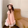 Meisjesjurken lente zomermeisjes kleding mode 2-9y kinderen roze lange baby korte mouwen mesh prinses tienerkleding