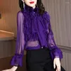 Women's Blouses Women Perspective Purple Lotus Leaf 3D Bowtie Pleated Chiffon Shirts Lace Spliced Blusas Ins Flare Sleeve Crop Tops 2023