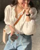 Camicette da donna Coreano con scollo a V Chic Flower Top allentato Camicetta con volant in cotone primaverile Camicia da donna con lacci a maniche lunghe da donna