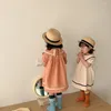 Girl Dresses 2023 Summer Kids Girls Dress Sailor Collar Short Puff Sleeves Apricot Orange Princess Child Navy Style Clothes