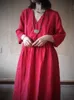 Robes décontractées femmes couleur unie col en V robe en lin dames lâche rétro lin robes femme été automne robe 230321