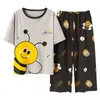 Damen-Nachtwäsche, Sommer-Pyjama-Set aus gestrickter Baumwolle mit Cartoon-Motiv, Damen-Pyjama, Nachtwäsche, Nachtwäsche, Pijama Mujer, Übergröße, wadenlange Hose, Homewear 230321