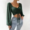 Damen-T-Shirts mit Kordelzug, koreanischer Stil, dünn, V-Ausschnitt, lange Ärmel, Falten, Damenoberteile, High Street, einfarbig, Bluse mit niedrigem Schnitt für Damen