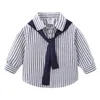 Barnskjortor Spring Autumn Fashion 2 3 4 6 8 10 år barn TurnDown Collar Striped Long Sleeve Shirt med slips för Baby Kids Boy 230321