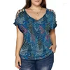 Shirt Summer Women's Plus Size Clothing V-neck Hollow Out Short Sleeve Tunic Tops Printed Tees Casual Loose T-shirt Ladies Tee 3XL 4XL