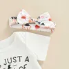 Conjuntos de ropa 3 uds., trajes de Halloween para bebés recién nacidos, mameluco con estampado de letras de manga corta, pantalones cortos, conjunto de sombrero con nudo superior Z0321