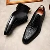 Chaussures habillées motif Crocodile en cuir véritable hommes mode bureau d'affaires italien noir bout carré à lacets chaussures Oxfords formelles