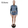 Women's Tracksuits Echoine Spring Women Denim Turn-Down Collar Single Breasted jacket Top And Shorts 2 Two Pieces Set Sexy Fashion Street Outfits P230307