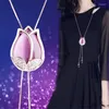 Pendant Necklaces Women Tulip Long Necklace Sweater Chain Fashion Metal Crystal Flower Adjusted