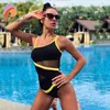 Simkläder Andzhelika Sexig One Shoulder Swimsuit Off Axel Mesh Patchwork Swimwear Bodysuit Bathing Suit Monokini 230320