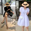 Casual jurken chique Zuid -Korea zomermode pure kleur dubbele v kraag ploegen na de riem Hallow Temperament Lange jurk