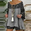 Tute da donna Summer Leopard Patchwork Completi Set Camicia in lino di cotone Top e pantaloncini larghi Abito casual manica 3/4 Vintage Donna due pezzi P230307