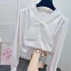 Womens blouse organza bow patched v-neck satin fabric shirt SML