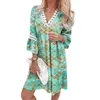 Robes décontractées femmes lâche col en V robe bohème 3/4 manches longues dentelle garniture flowy plage mini