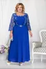 Blaue Plus Size Perlenspitze Kleider für die Brautmutter, quadratischer Ausschnitt, lange Ärmel, Hochzeitsgastkleid, A-Linie, Chiffon-Abendkleider