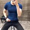 Men's T-Shirts summer men's T-shirt Korean Slim trend round neck half-sleeved shirt solid color bottoming shirt striped T-shirt 230321