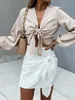 Skirts 2023 Women Summer Miniskirt Solid Color Elastic Middle-Waist Knotted Strappy Short Skirt For Girls White/Khaki/Green