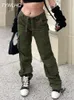 Calça feminina Capris Capris Exército Palhadas de carga verde Jeans Baggy Fashion Streetwear Pockets Straight High Casté