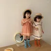 Girl Dresses 2023 Summer Kids Girls Dress Sailor Collar Short Puff Sleeves Apricot Orange Princess Child Navy Style Clothes