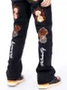 Jeans masculinos para homens Dark Skull Flame Borderyery Slender Punk Men Hip -Hop Lápis Pants Clean Blue