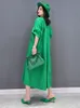 Casual Dresses Shengpalae Green Pleated Dress Women Lose Solid Color Simple Style O-Neck Kort ärm Robe Summer Fashion 5SD203 230321