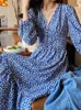 Платья для вечеринок пригородной шифоновый павлин синий корсет v-образный платье с цветочной юбкой с длинным рукавом 2023 Весенняя осень Женщины.