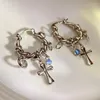 Hoop Earrings Punk Cross Pendant Cool Irregular Metal Ear Hoops Blue Opal Moonstone Dangle Earings Hip Hop Party Jewelry