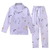 Kvinnors sömnkläder Kvinnor Bomullsgaspyjamas långärmad vårpyjama Set Purple Lavender Print Sleepwear 2 Piece Casual Loose Sexy Nightwear 230321