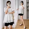 Sleep Lounge Maternity Suit Summer Sweet Lace Shirt Women Hollow Round Neck Shortsleeve Top Two Piece Set 230320